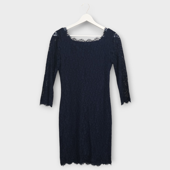 Diane Von Furstenberg Dress Womens Size 2 Navy Blue Zarita Lace Floral Sheath - Picture 1 of 15